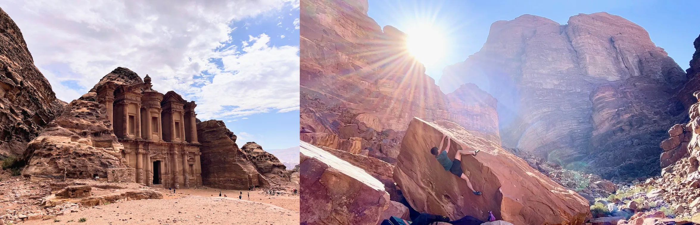 Visiting Petra (left) on the way to bouldering in Wadi Rum (right) in Jordan