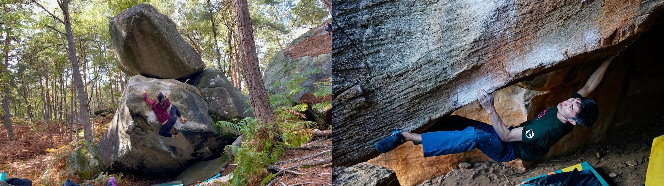 Slopers & mantles in Fontainebleau (left) and steep climbs in Rocklands (right)