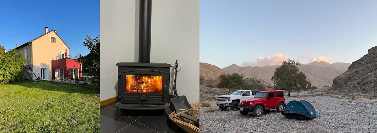 Nice guesthouse in Fontainebleau, France (left) and camping in Tawiyan, United Arab Emirates (right)